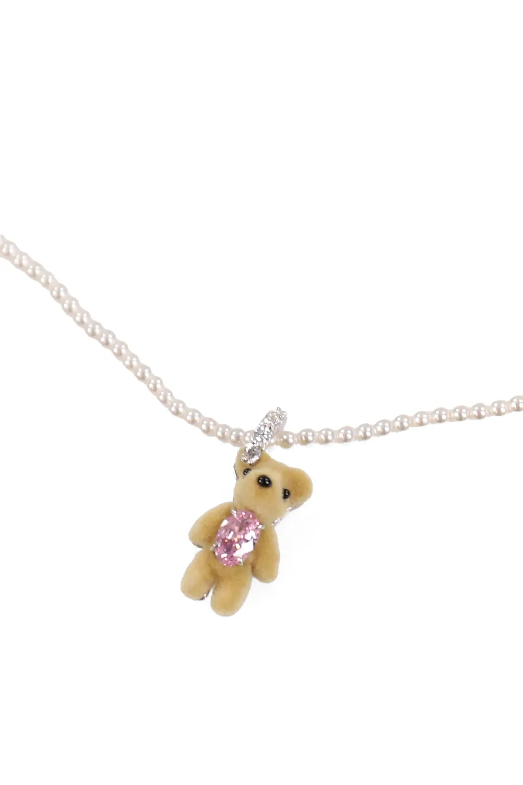 Mini Flocked Bear Pearl Necklace / Pnk