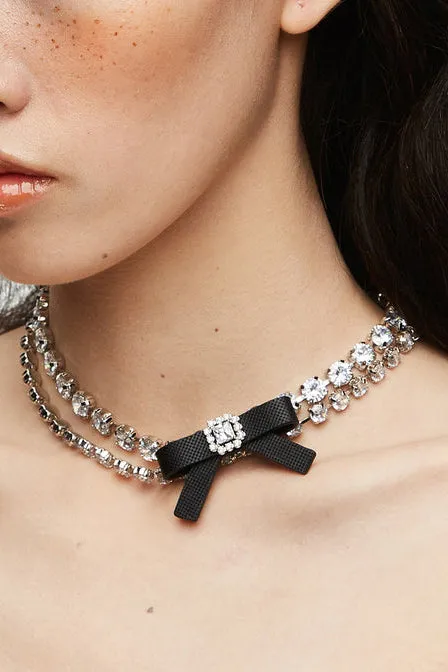 Rubber Bow Gemstone Necklace / Blk