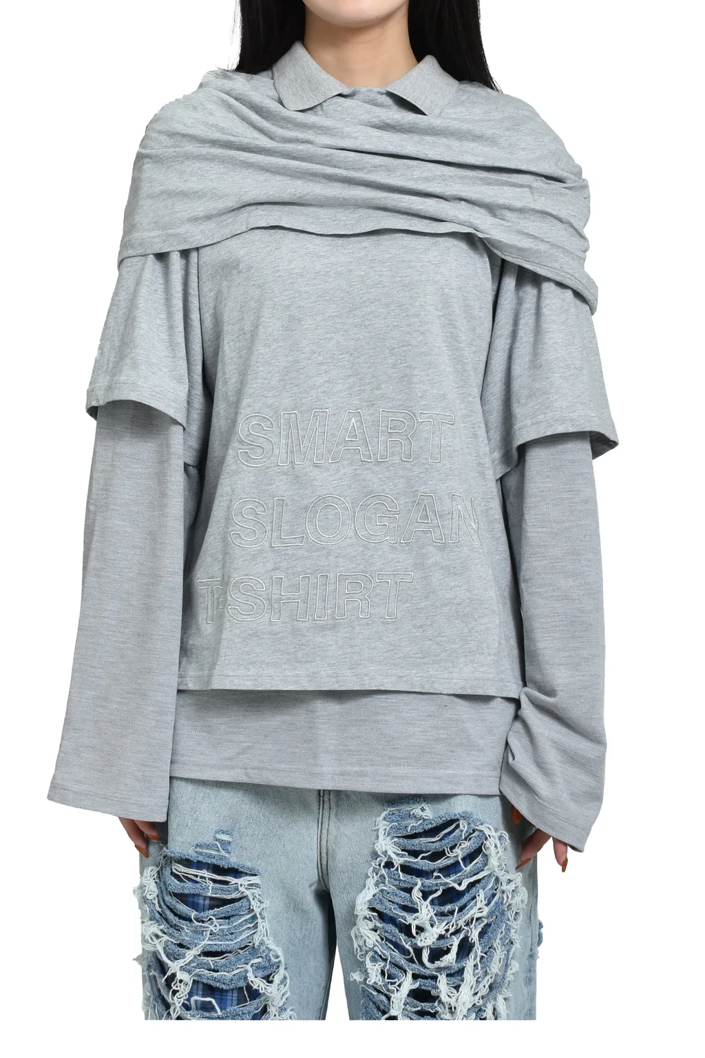 Multi Layer Ls T-Shirt Smart Slogan T-Shirt / Gry