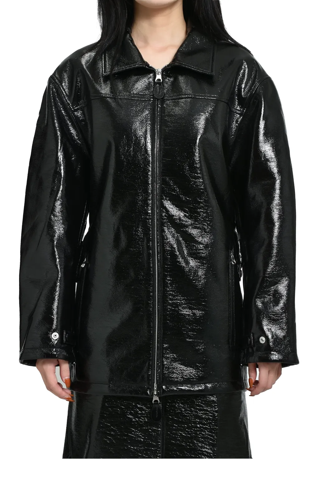 Zipped Vinyl Maxi Bomber Jacket / Blk