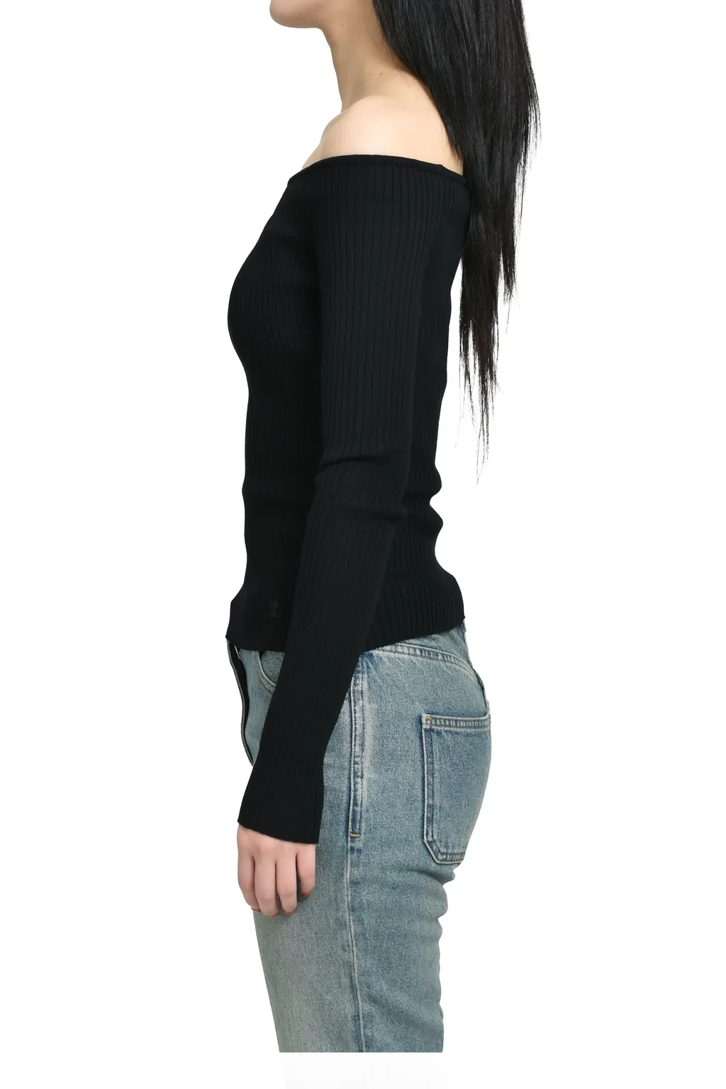 Off Shoulder Rib Knit Top / Blk