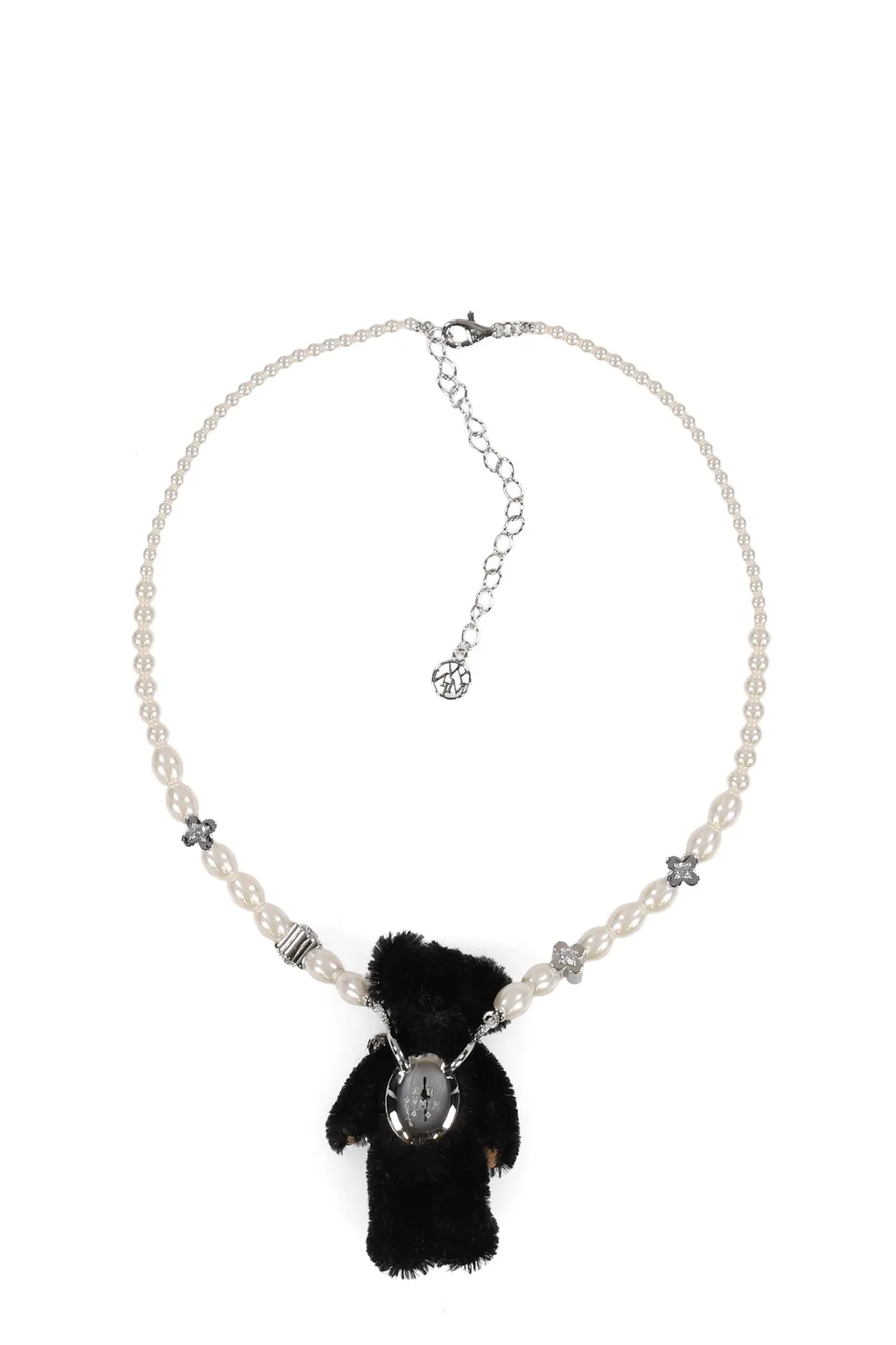 Lace-Edged Watch Dial Inlaid Gemstone Bear Necklace / Blk