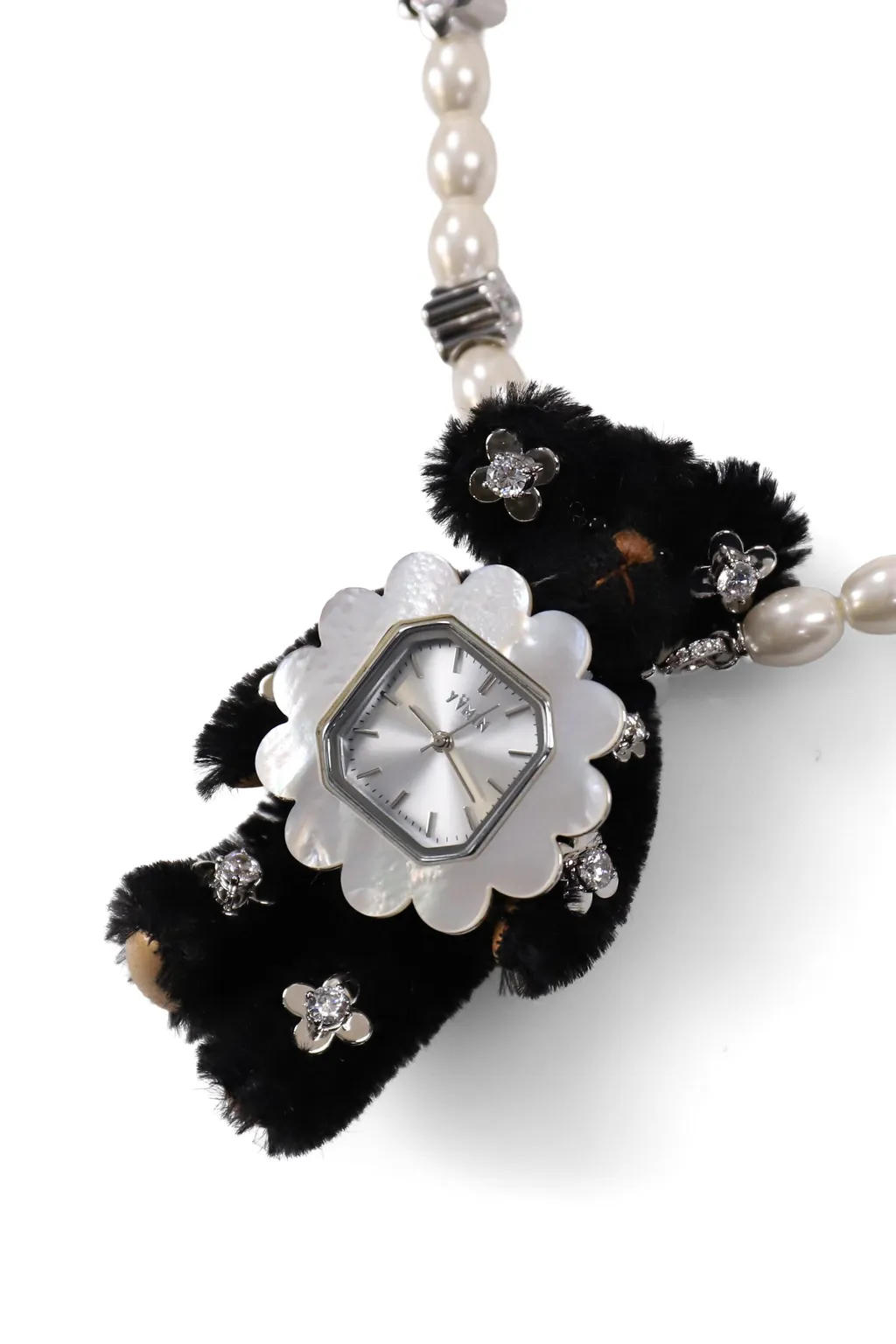 Lace-Edged Watch Dial Inlaid Gemstone Bear Necklace / Blk