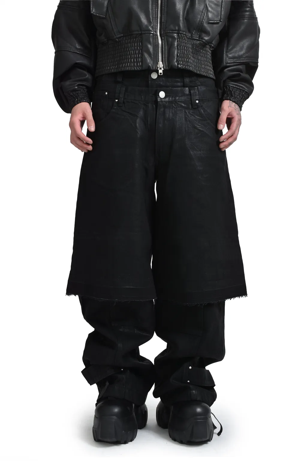 Double Layered Baggy Denim / Waxed Blk
