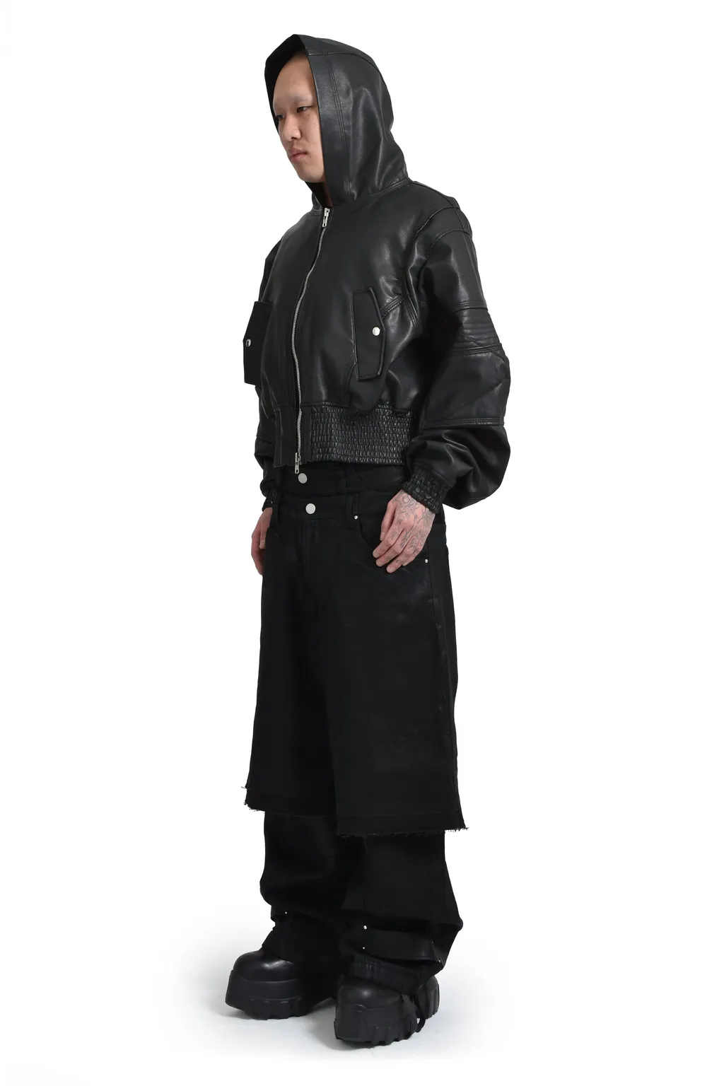 Double Layered Baggy Denim / Waxed Blk