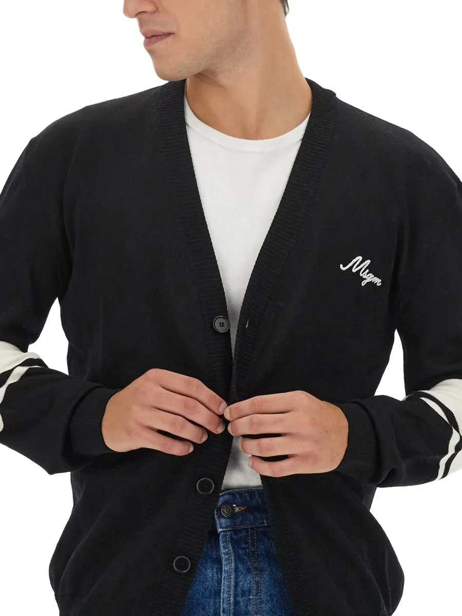 Msgm V-Neck Logo Embroidered Cardigan