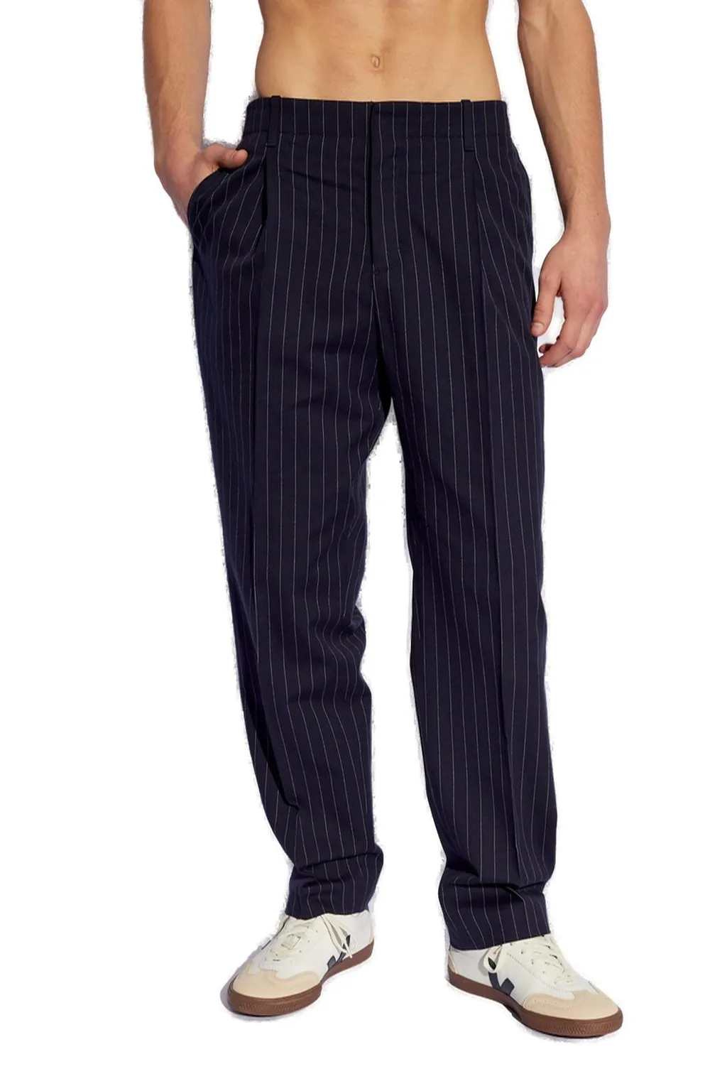 Maison Kitsuné Pleated Striped Tapered Trousers