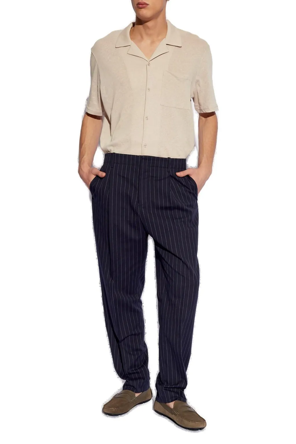 Maison Kitsuné Pleated Striped Tapered Trousers