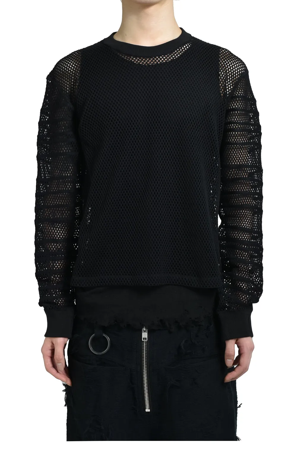 Fitted Shadow Sleeve Mesh Pullover / Blk