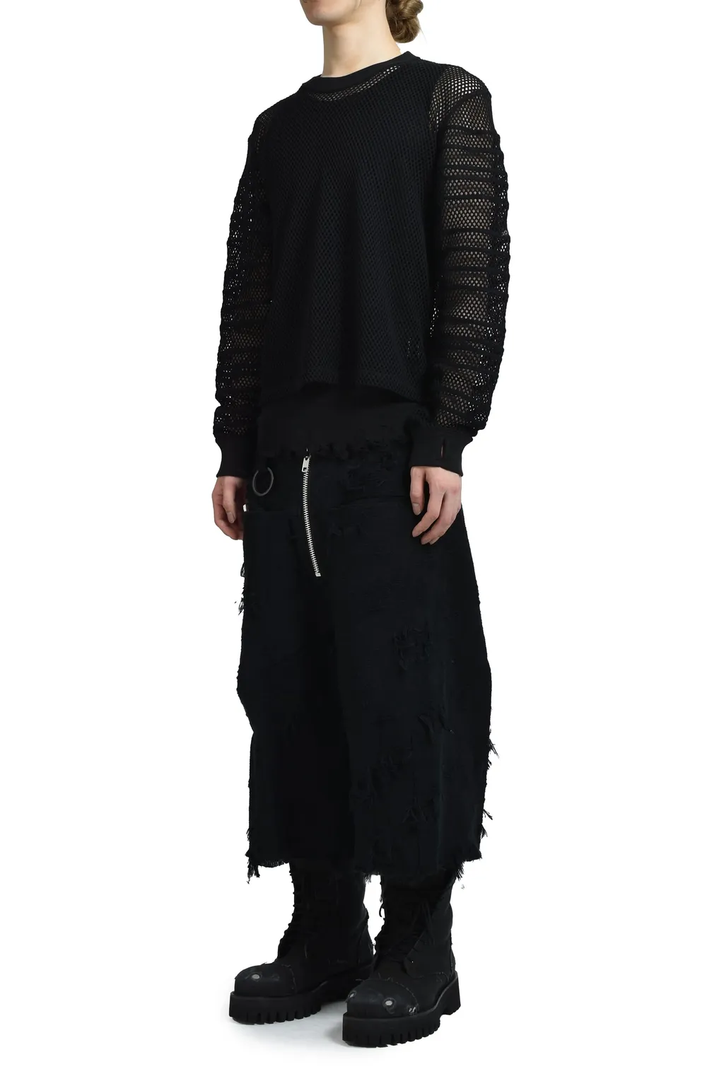 Fitted Shadow Sleeve Mesh Pullover / Blk
