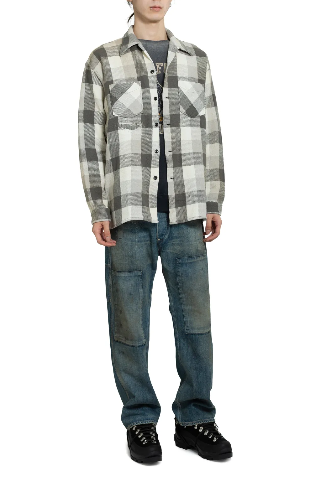 Damaged And Stained Flannel Shirt / Aged Gry×Wht