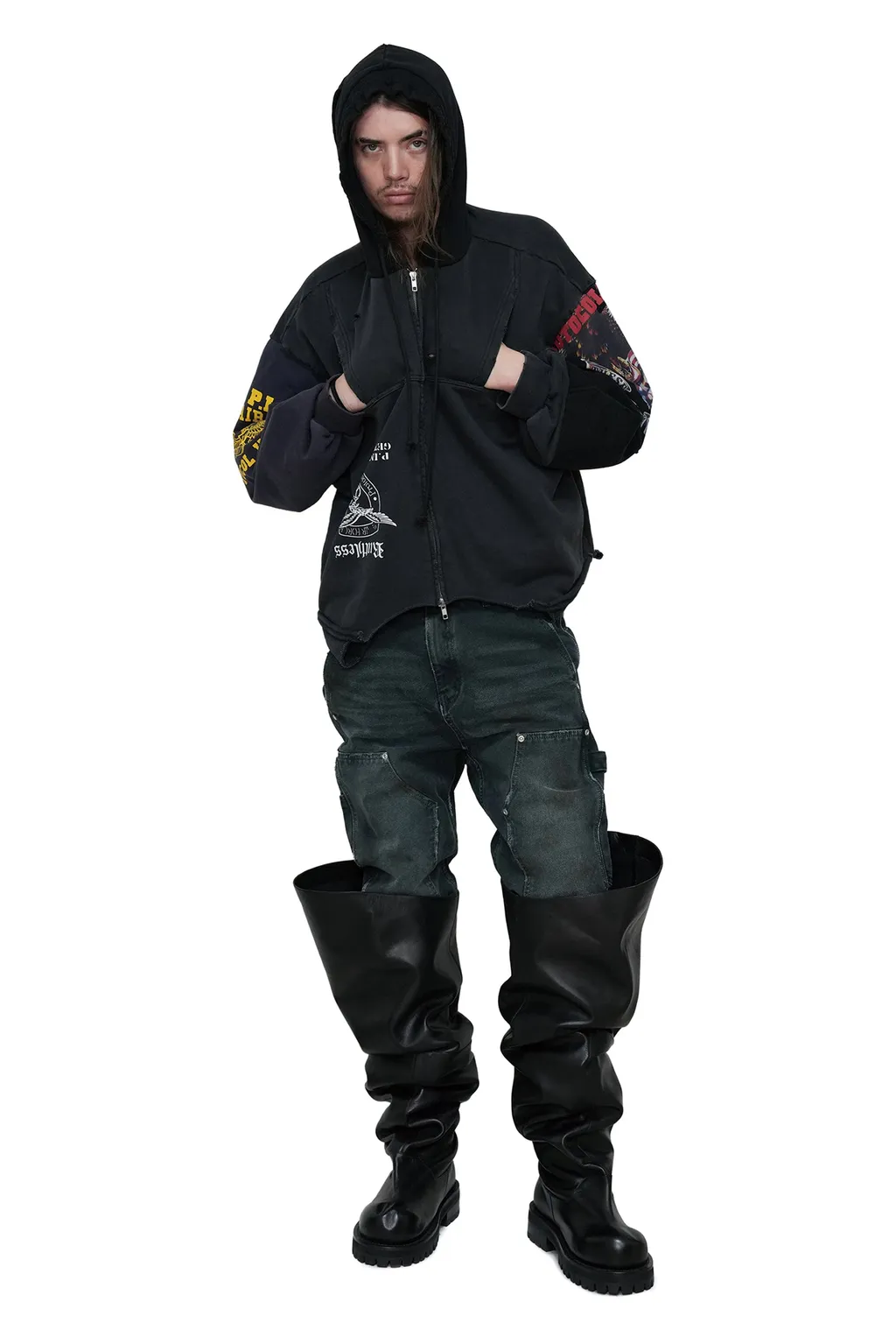Upside Down Zip Hoodie / Multi Blk