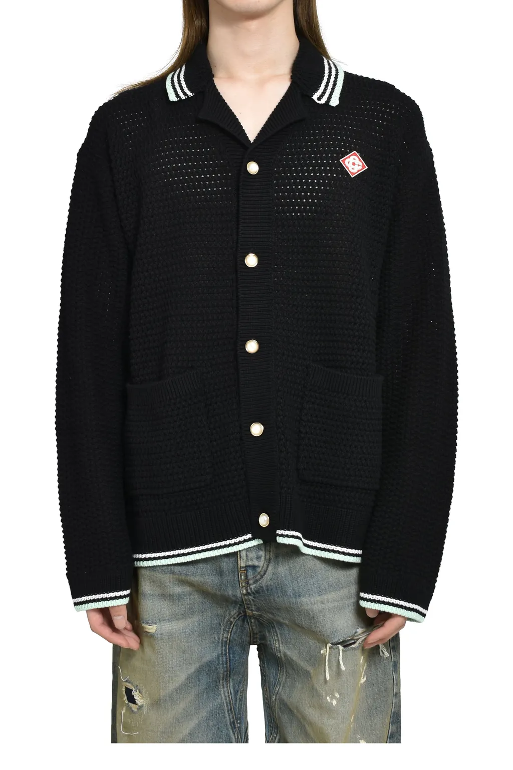 Embroidered Faux Crochet Shirt / Blk