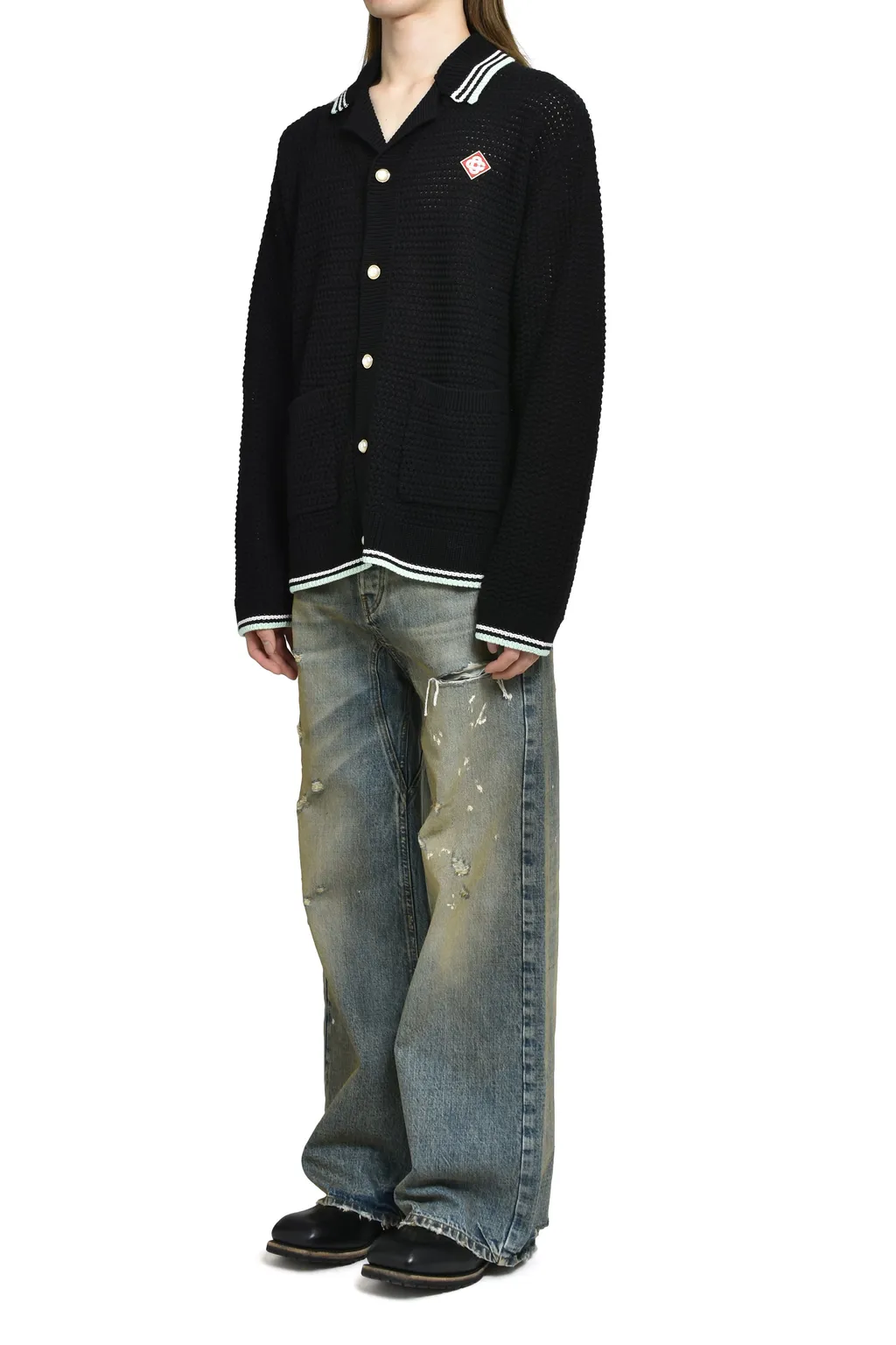 Embroidered Faux Crochet Shirt / Blk
