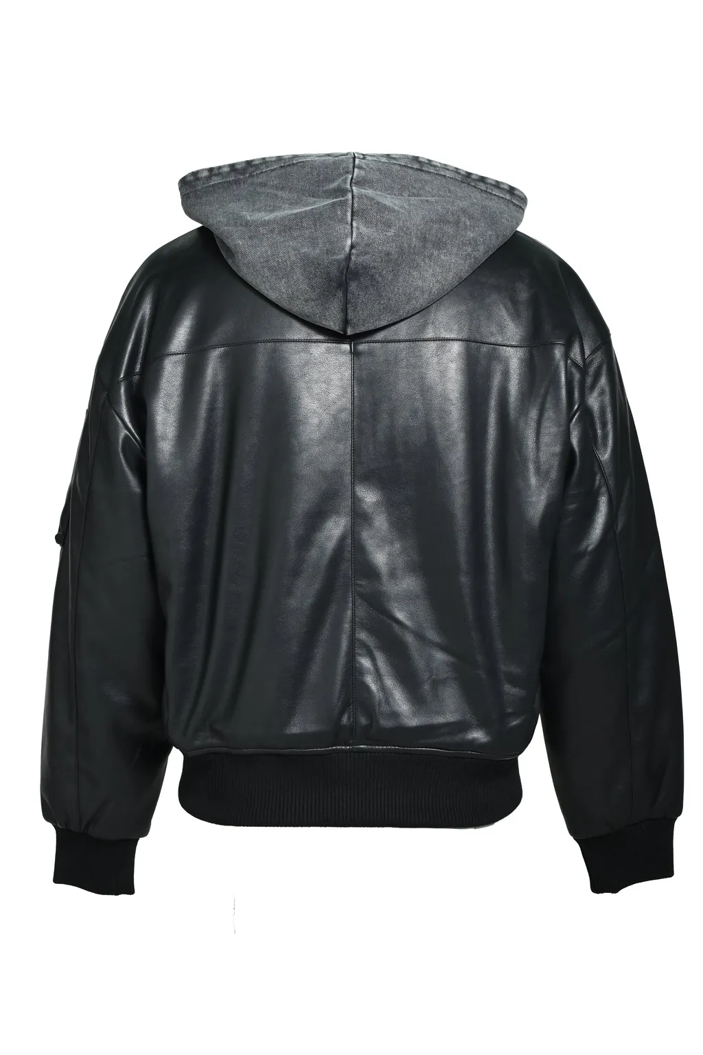 Hooded Faux Leather Flight Jacket / Blk