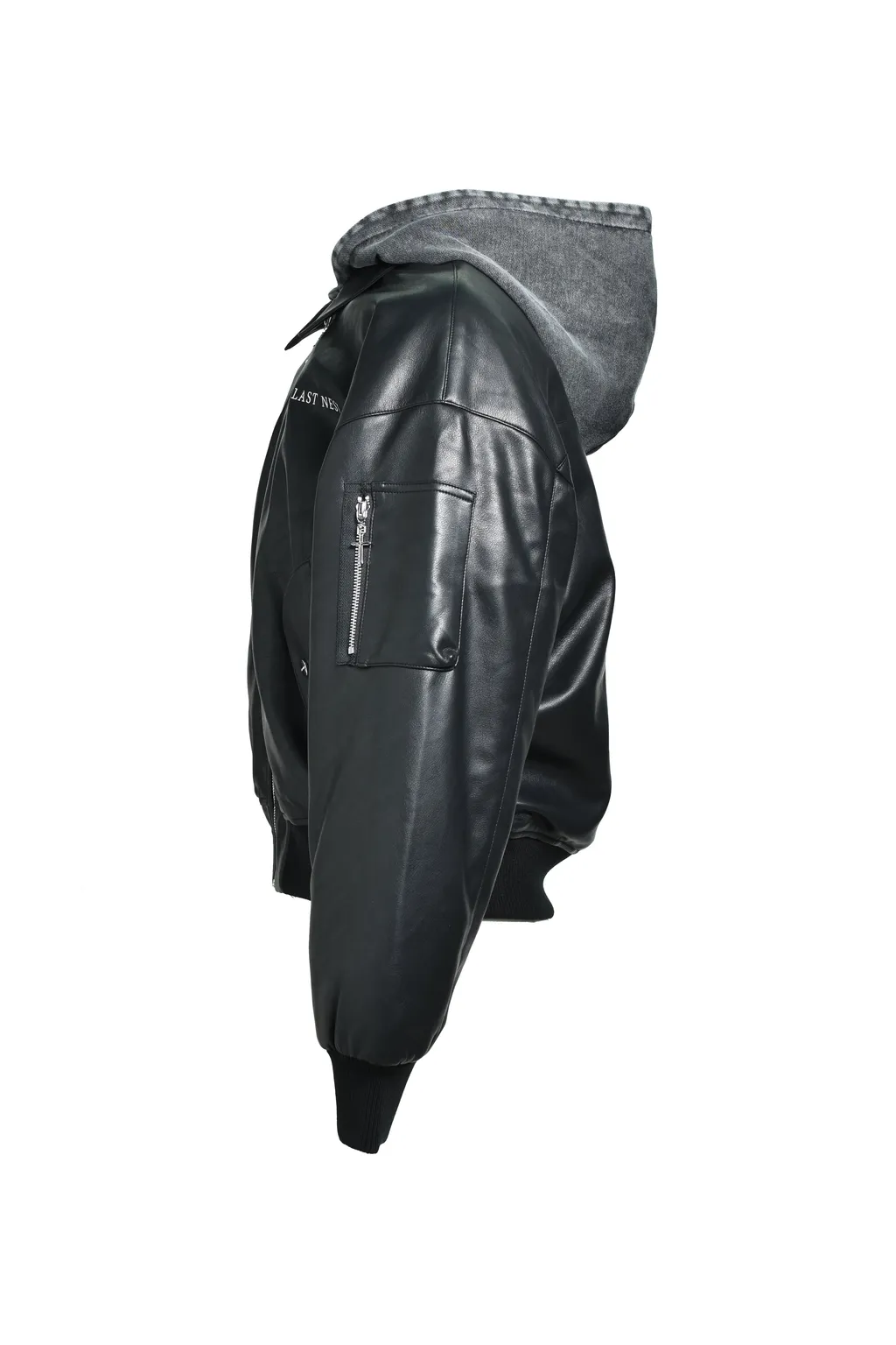 Hooded Faux Leather Flight Jacket / Blk