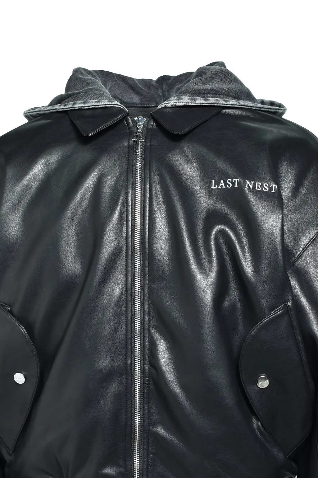 Hooded Faux Leather Flight Jacket / Blk