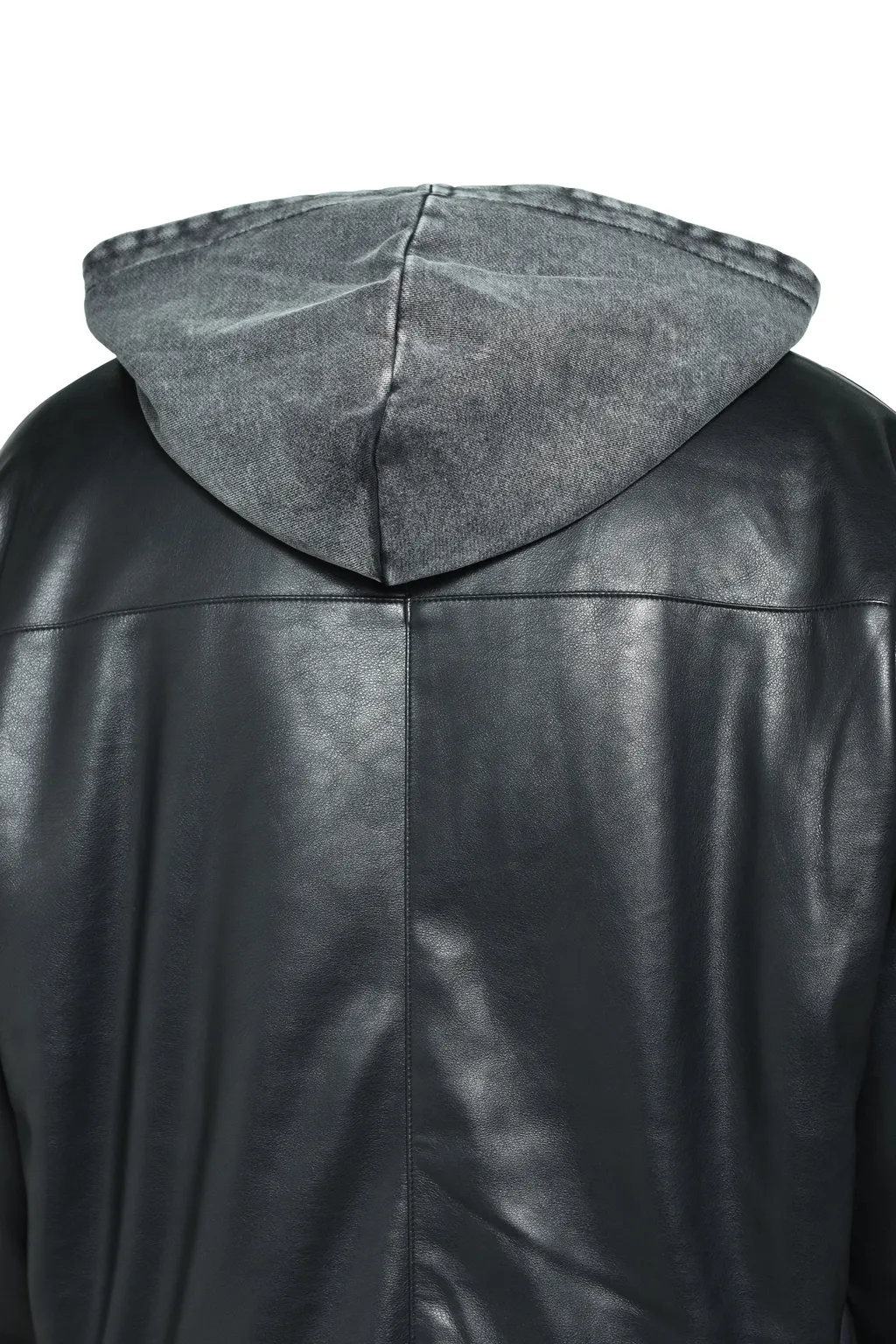 Hooded Faux Leather Flight Jacket / Blk