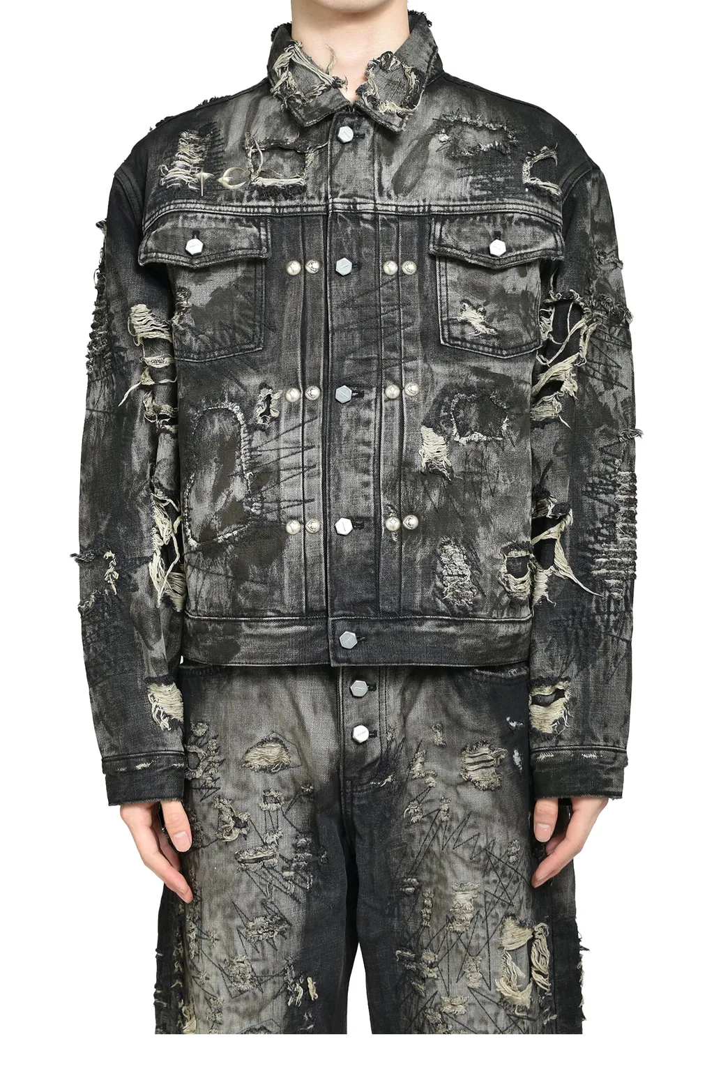 Hard-Washed Damaged Denim Jacket / Blk