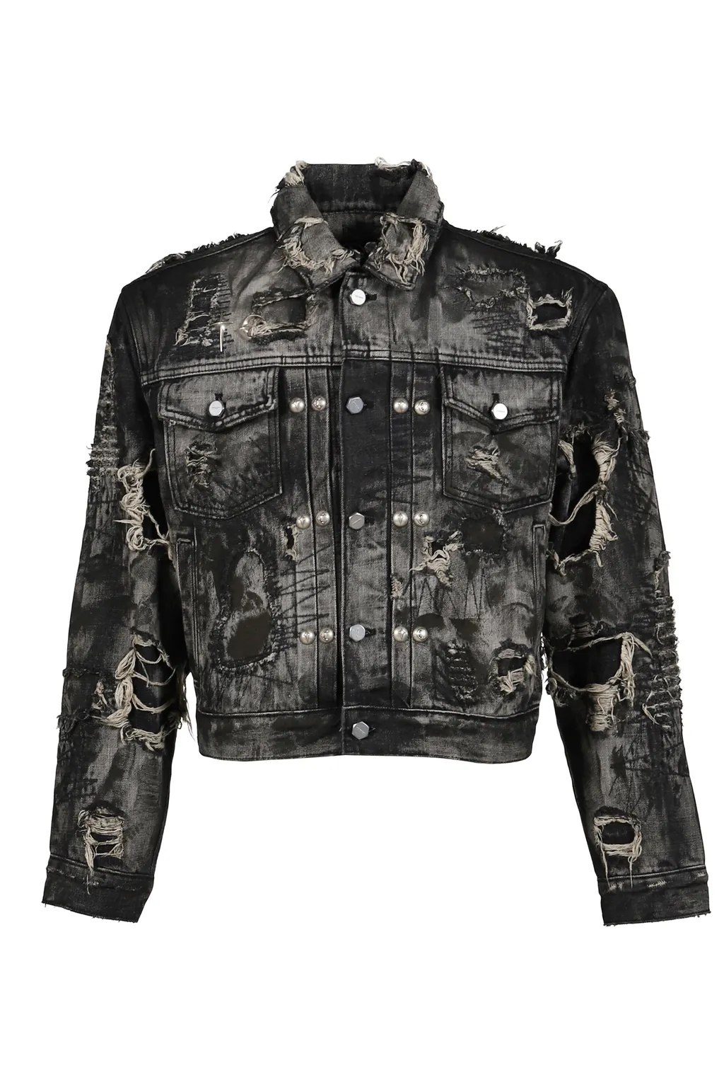 Hard-Washed Damaged Denim Jacket / Blk