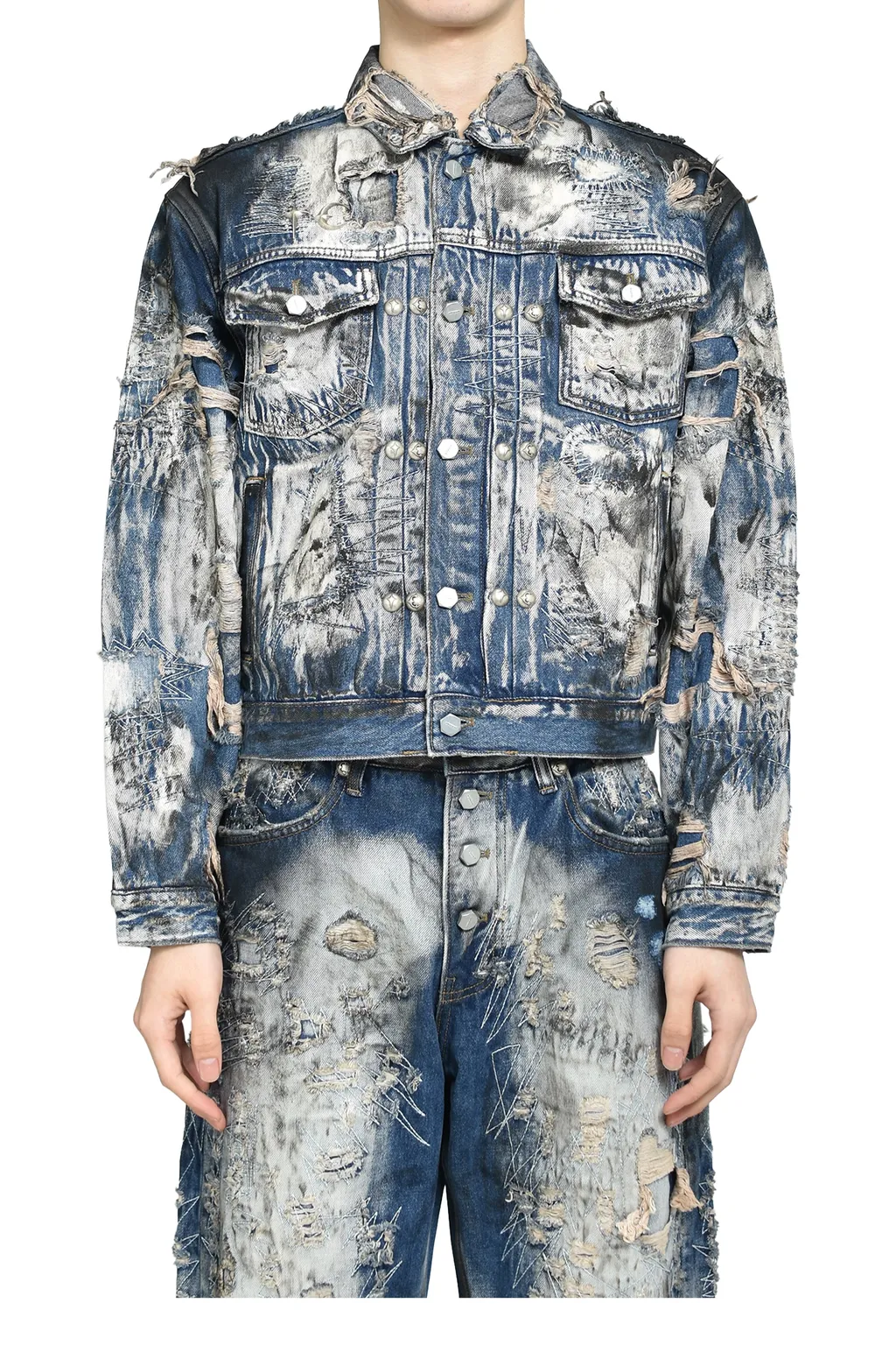 Hard-Washed Damaged Denim Jacket / Blu