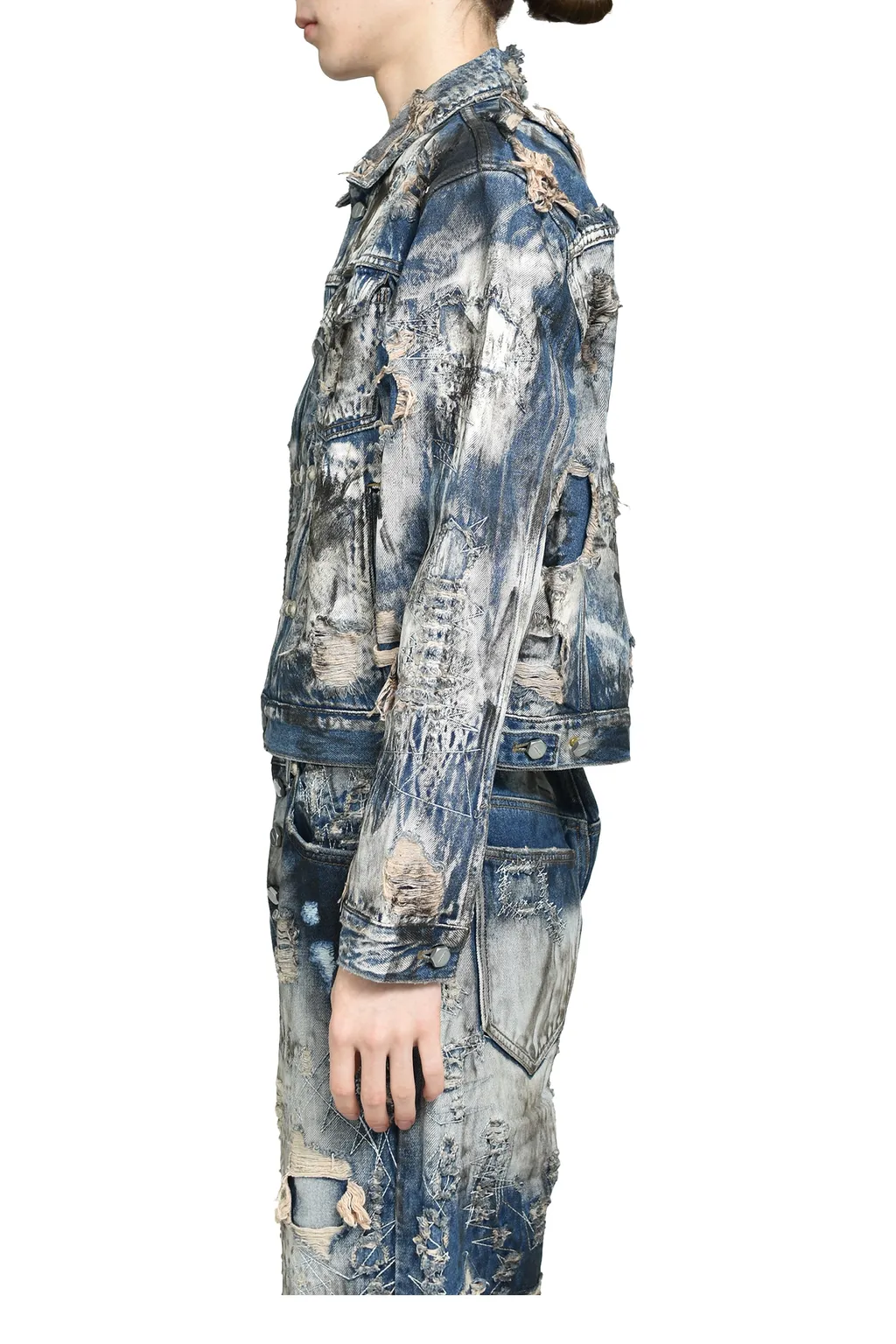Hard-Washed Damaged Denim Jacket / Blu