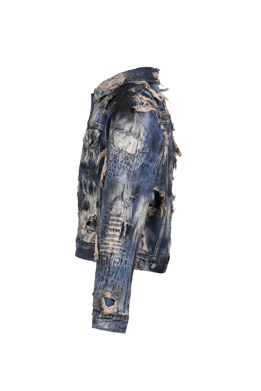 Hard-Washed Damaged Denim Jacket / Blu