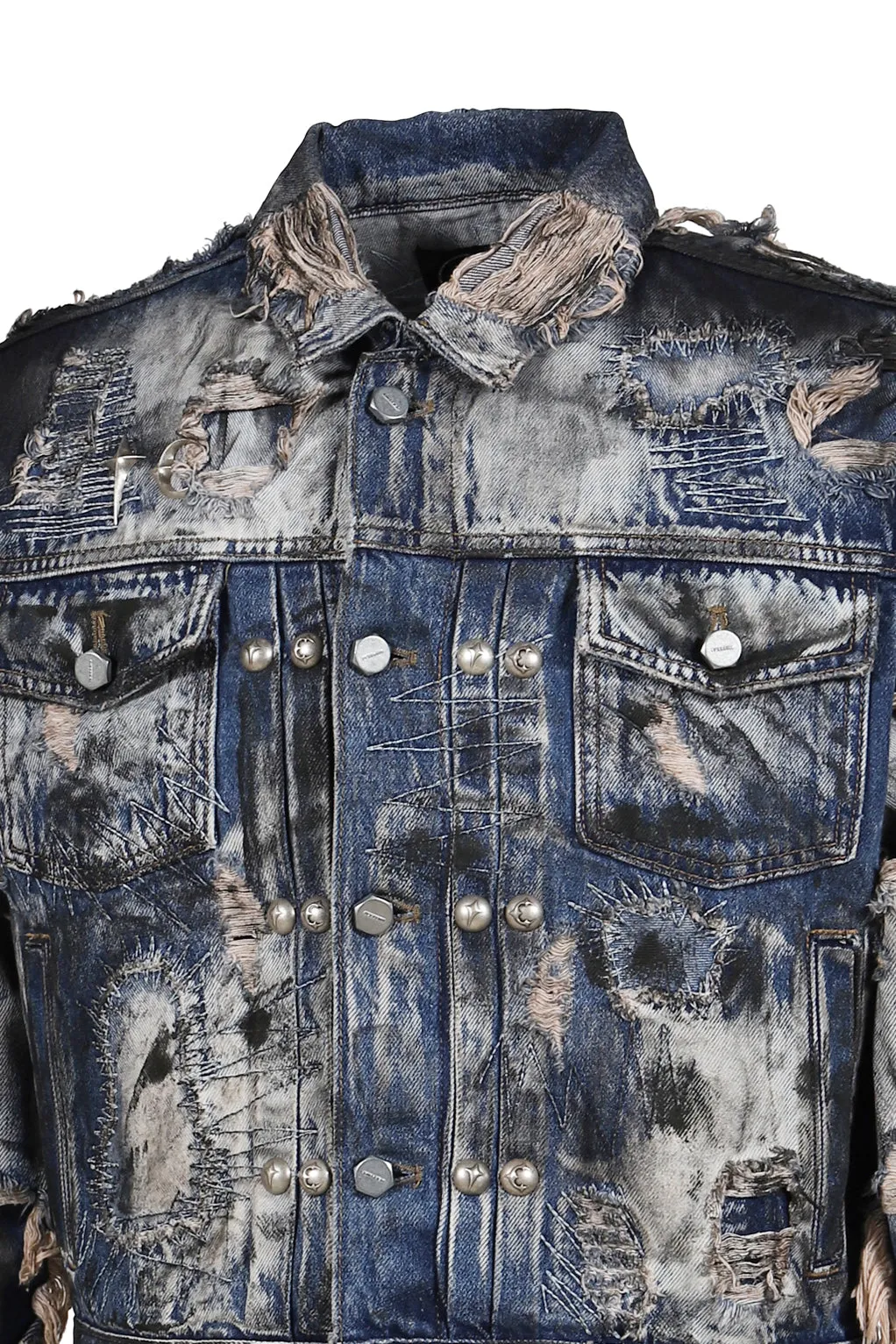 Hard-Washed Damaged Denim Jacket / Blu