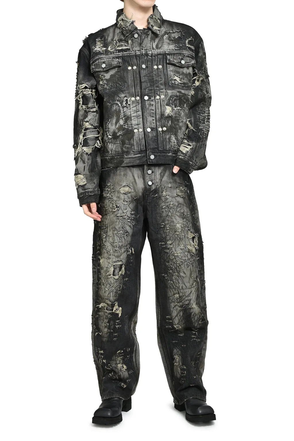 Hard-Washed Damaged Denim Pants / Blk