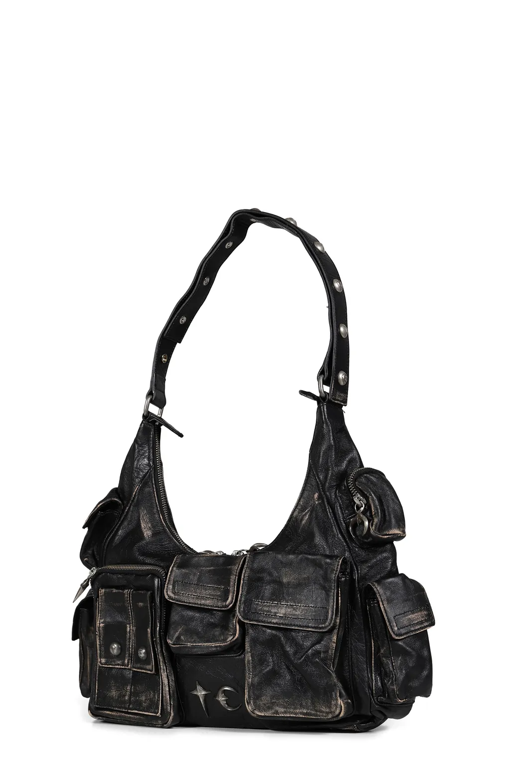 Washed Leather Multi Pocket Bag / Blk