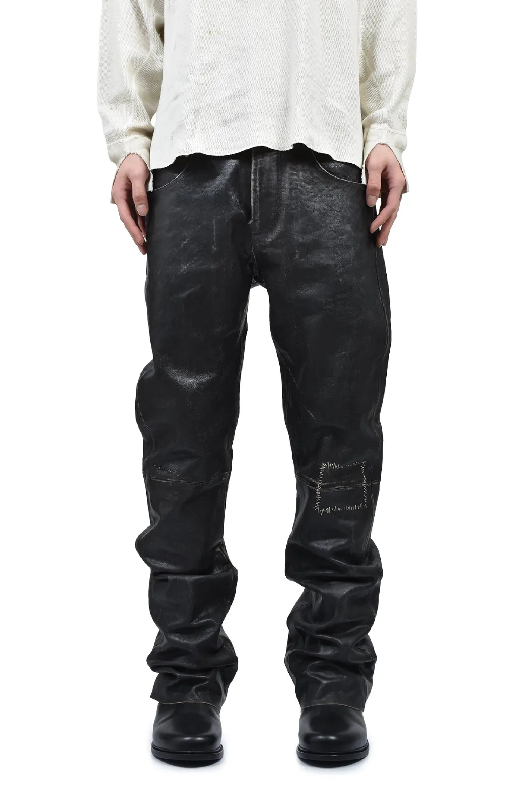 Crust Repaired Leather Flare Jeans / Blk Sand