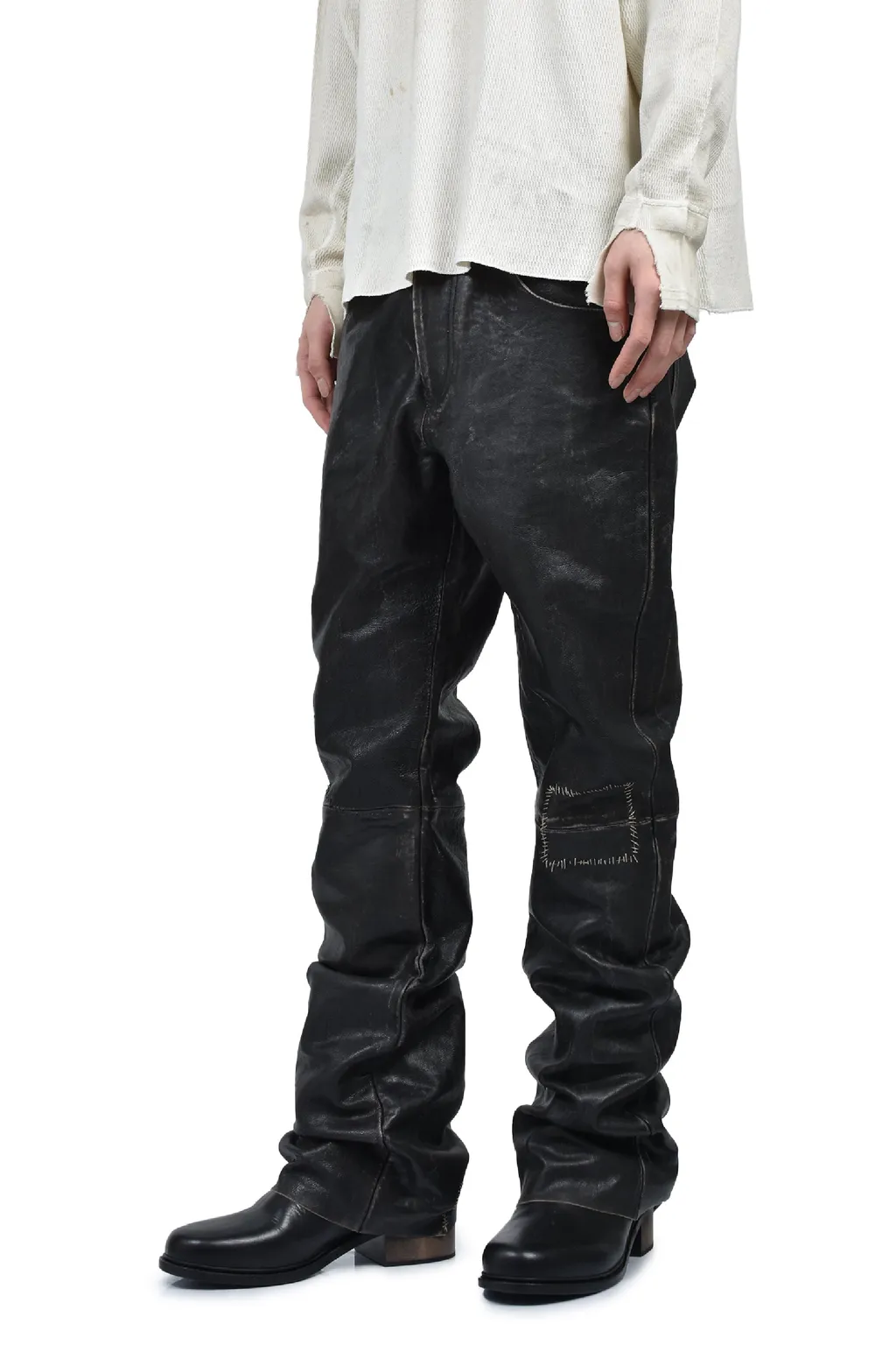 Crust Repaired Leather Flare Jeans / Blk Sand