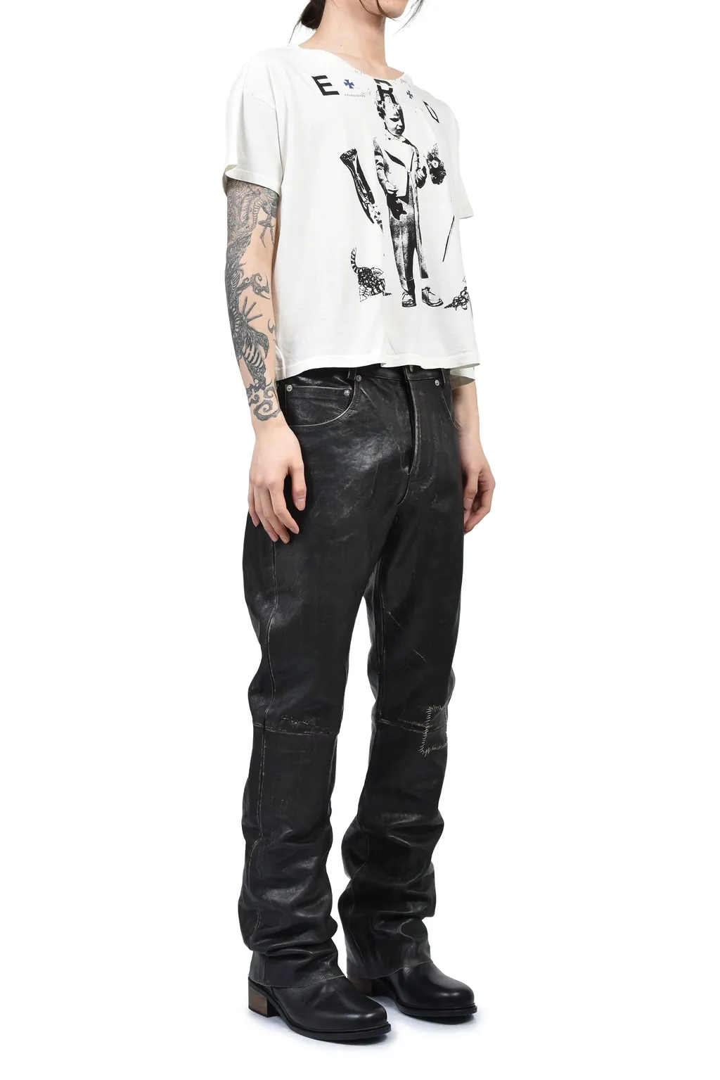 Crust Repaired Leather Flare Jeans / Blk Sand