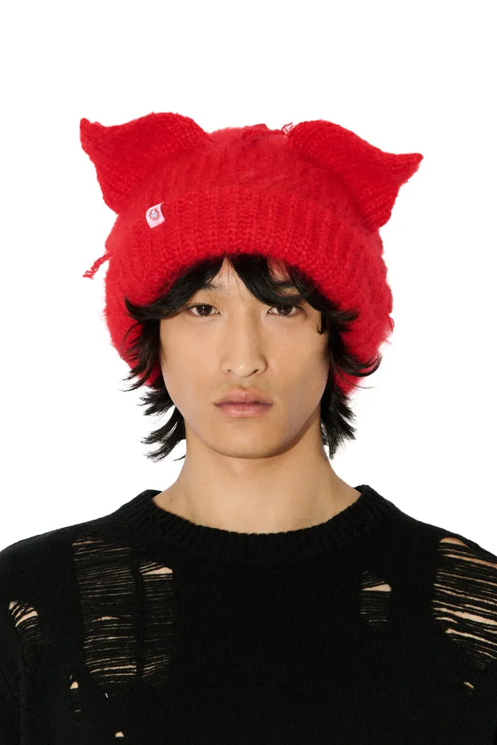 Mohair Chunky Ears Beanie / Red