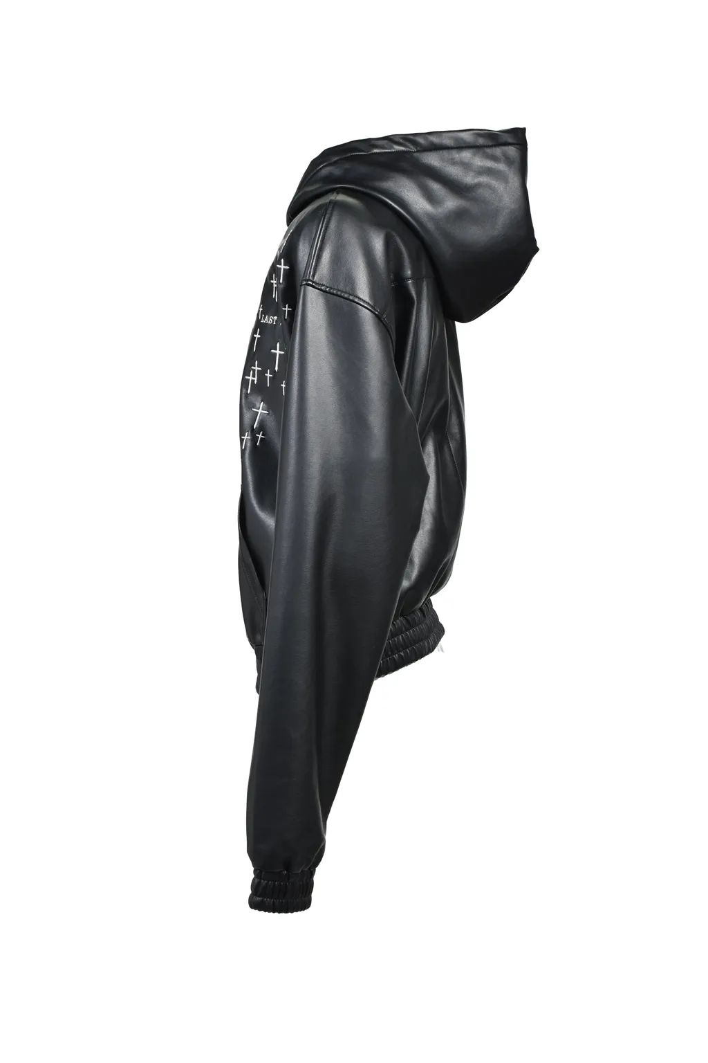 Cross Embroidery Leather Zip Hoodie / Blk