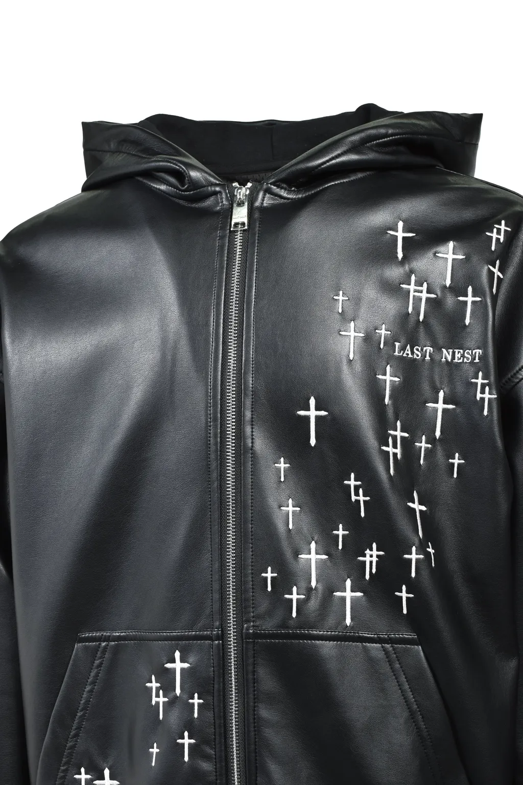 Cross Embroidery Leather Zip Hoodie / Blk