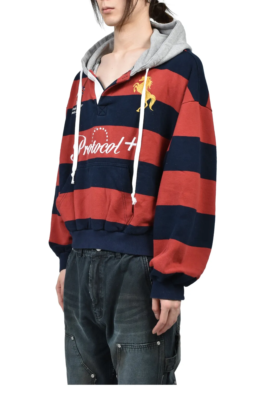 Stripe Polo Hoodie / Red