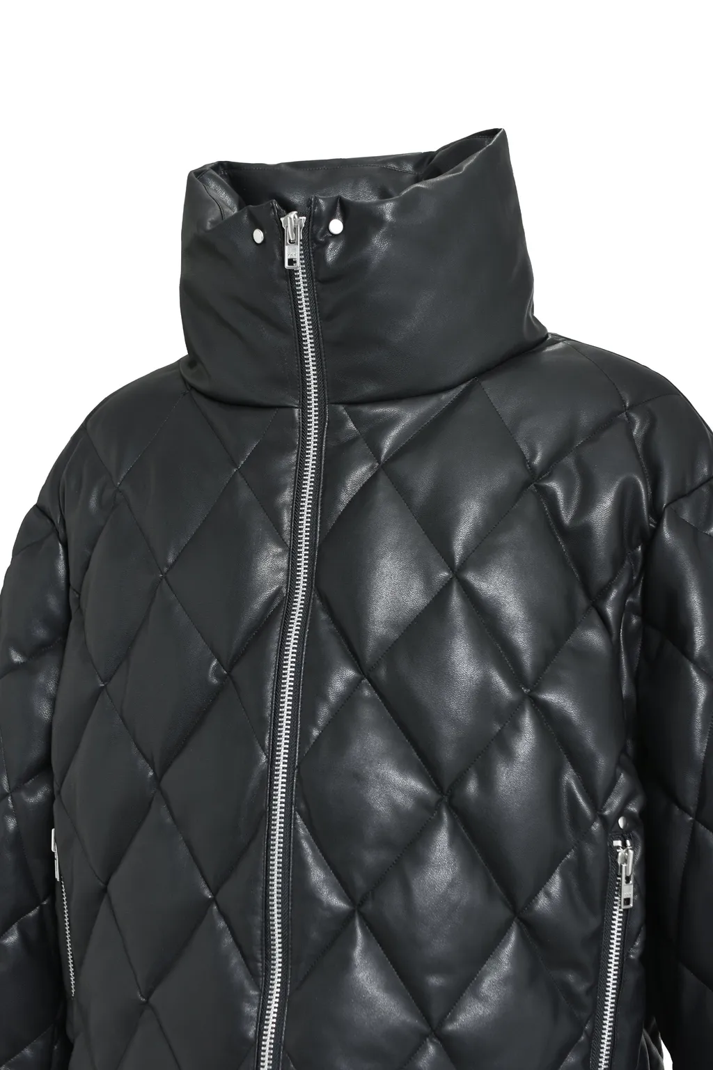 Faux Leather Quilting Down Jacket / Blk