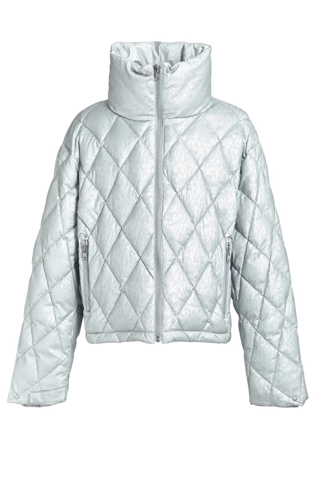 Faux Leather Shiny Quilting Down Jacket / Sil