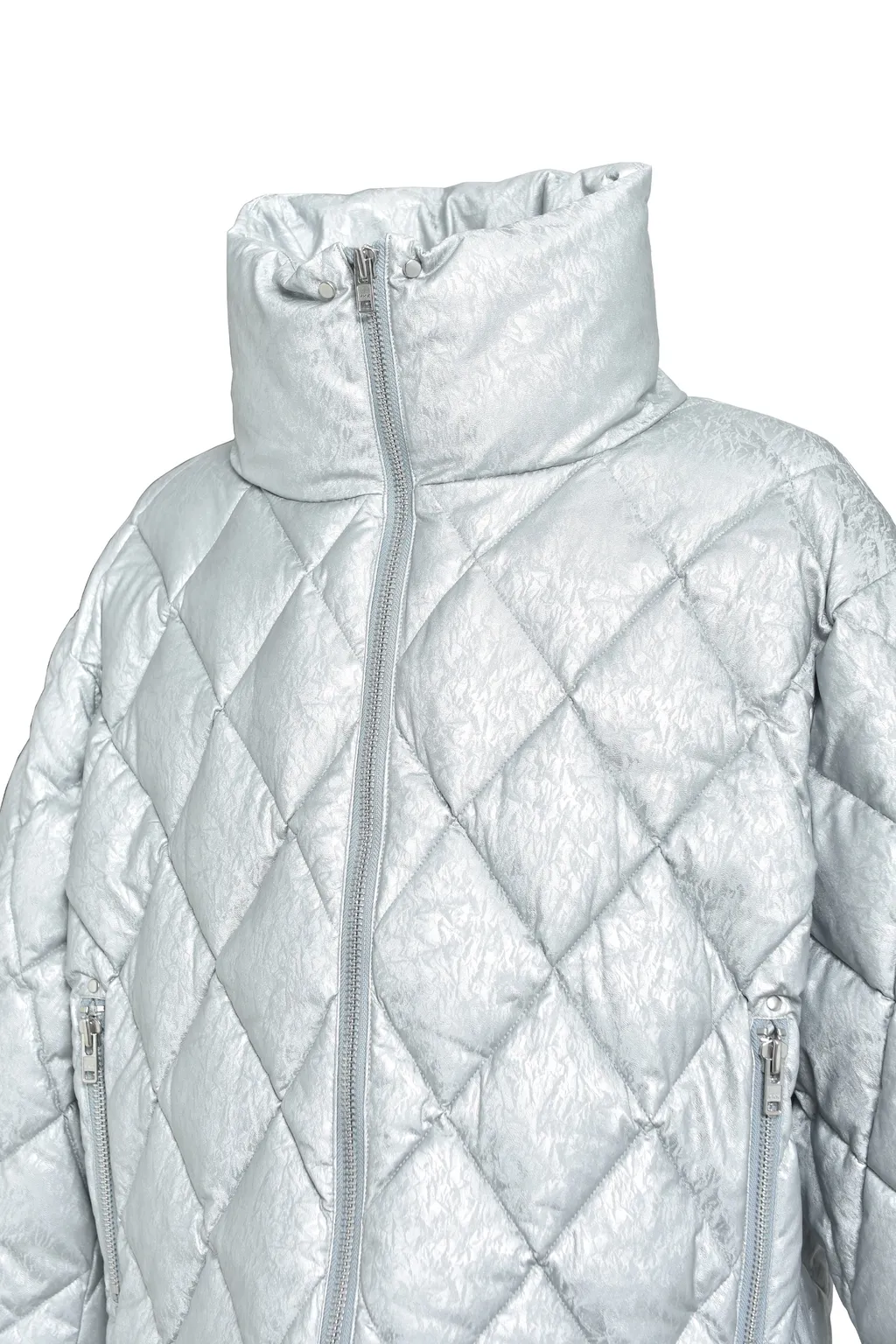 Faux Leather Shiny Quilting Down Jacket / Sil