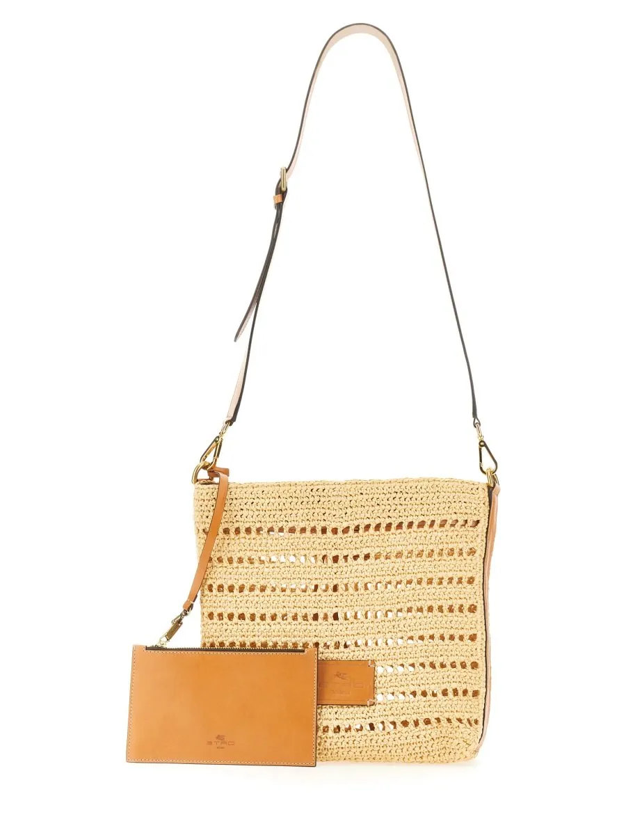 Etro Perforated Logo Patch Woven Shoulder Bag