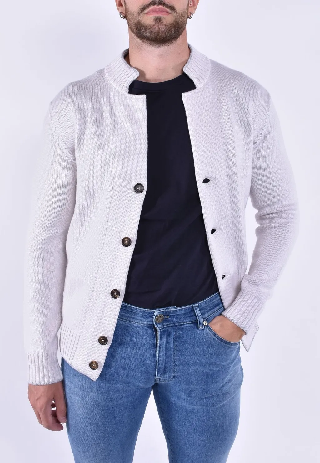 Eleventy Ribbed Stand-Collar Cardigan