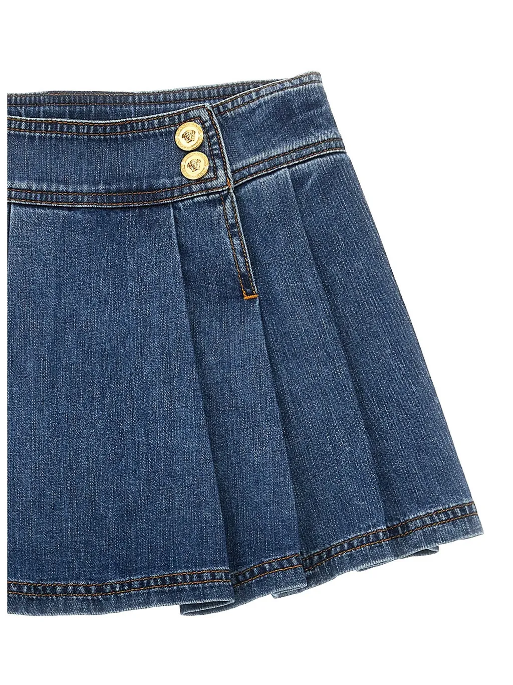 Versace Kids Medusa Buttons Pleated Denim Mini Skirt
