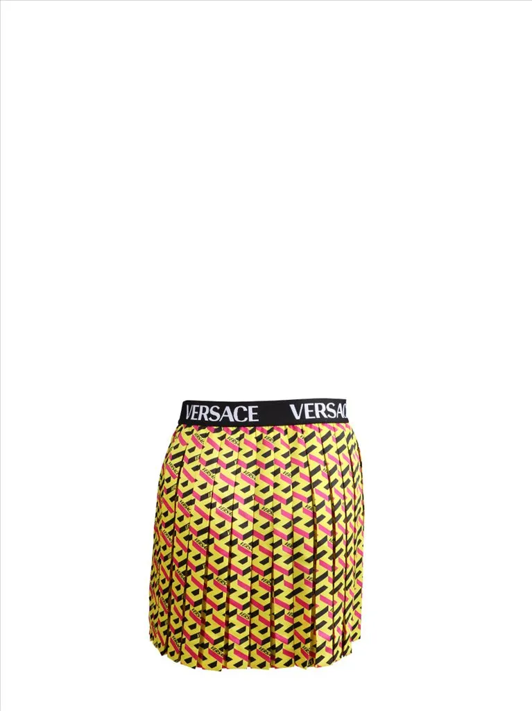 Versace Kids La Greca Printed Logo Waistband Pleated Skirt