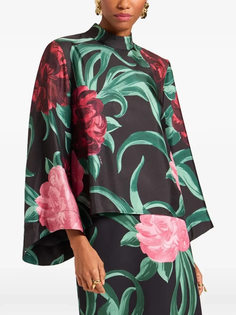 La Doublej Peony Print Silk Top