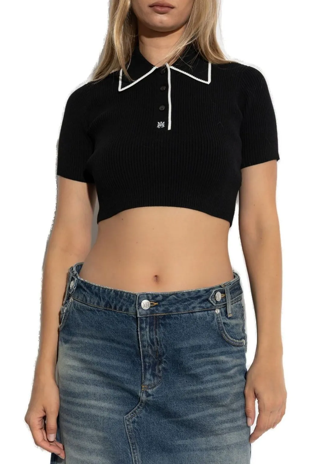 Amiri Ma Ribbed-Knit Cropped Polo Top