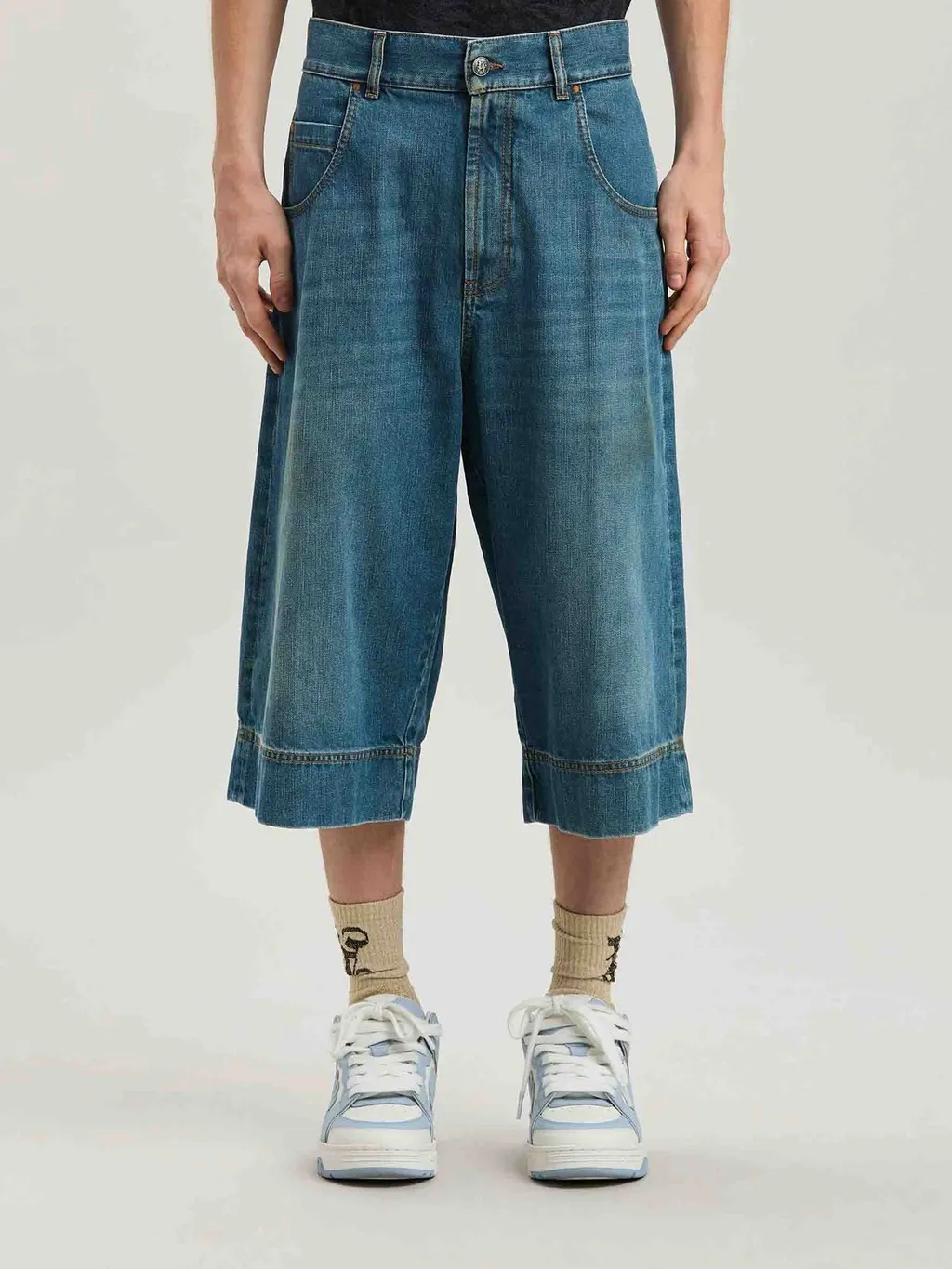 Palm Angels G Curved Denim Long Shorts
