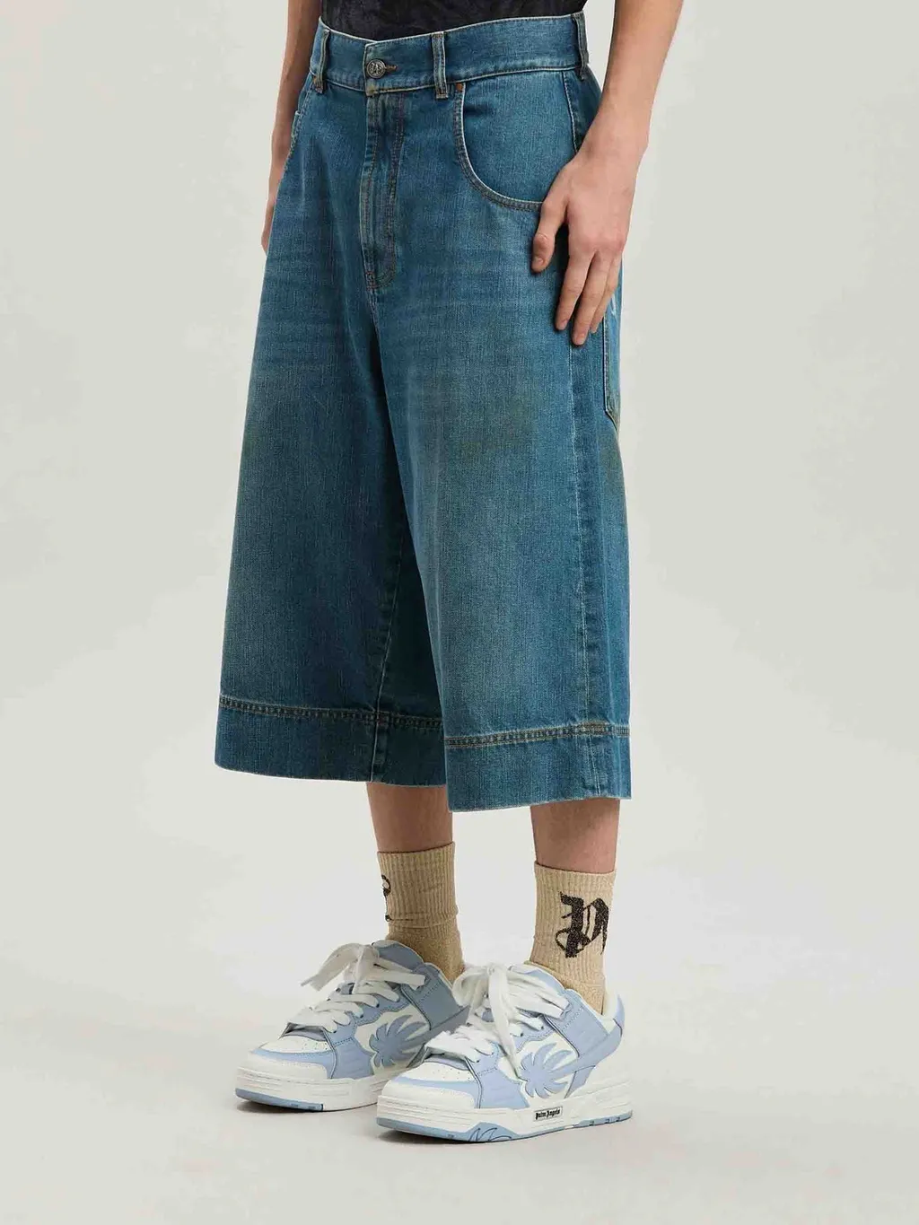 Palm Angels G Curved Denim Long Shorts