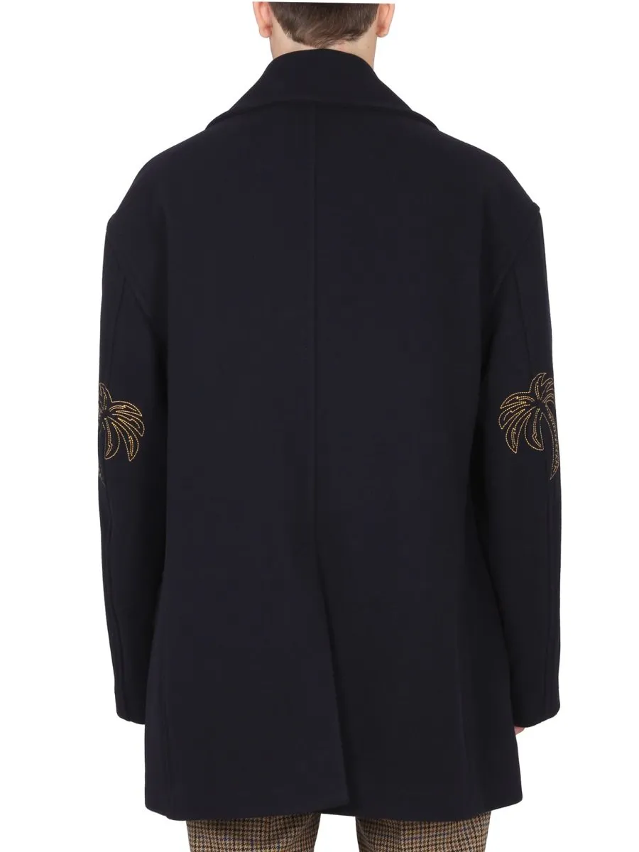 Palm Angels Palm Tree-Embroidered Double-Breasted Coat