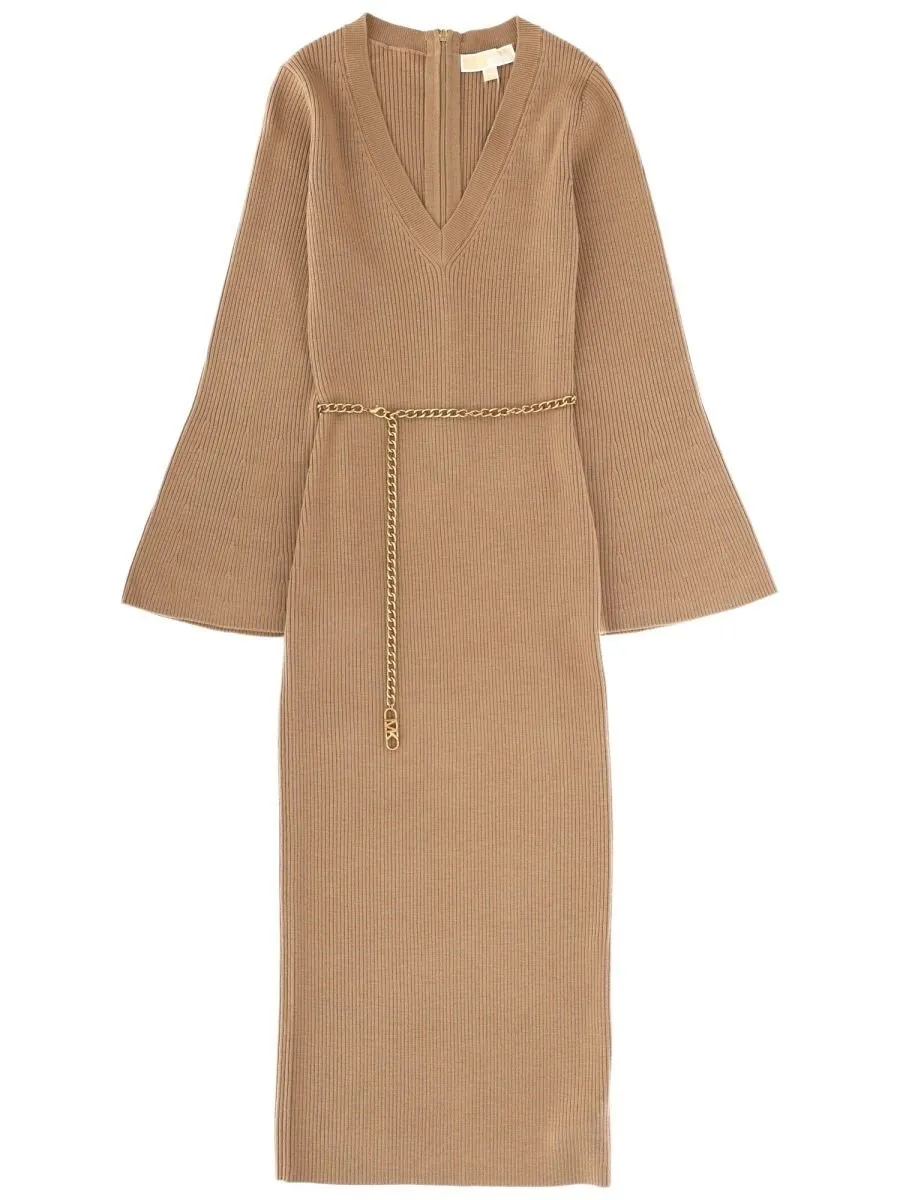 Michael Michael Kors V-Neck Belted Midi Dress
